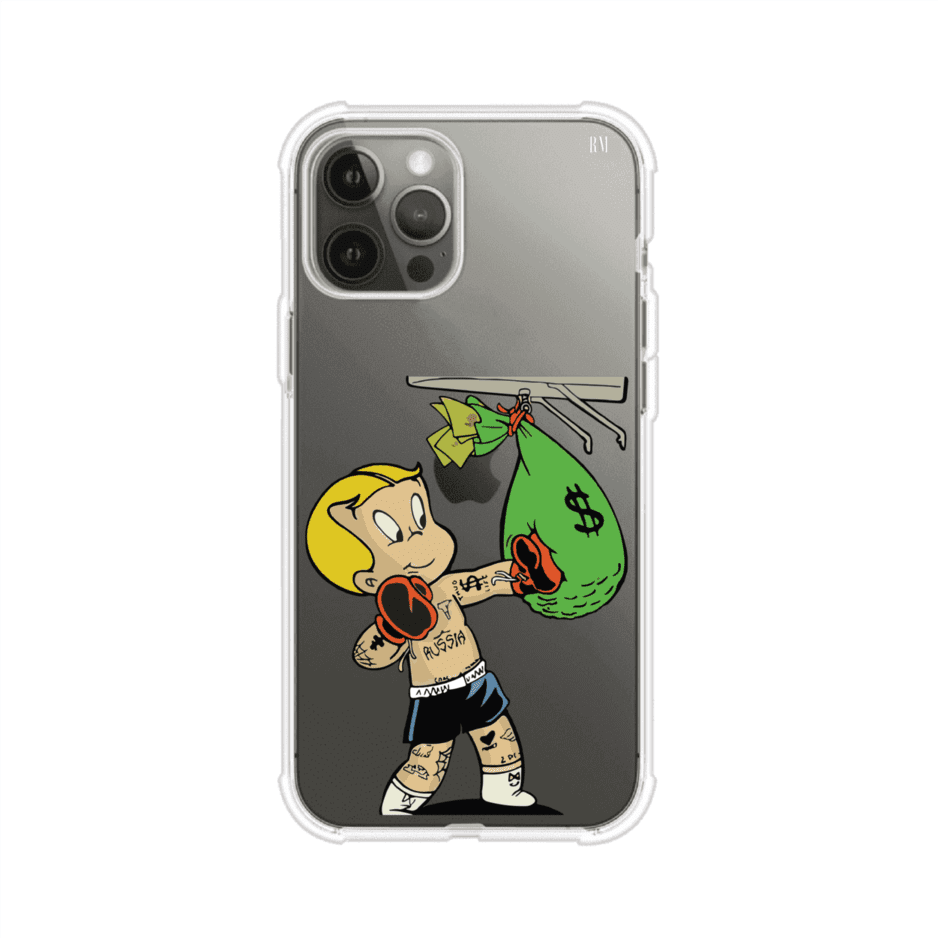 Funda para iPhone con dibujo de Richie Rich como boxeador sosteniendo una bolsa de dinero sobre fondo rojo – Remark Mx