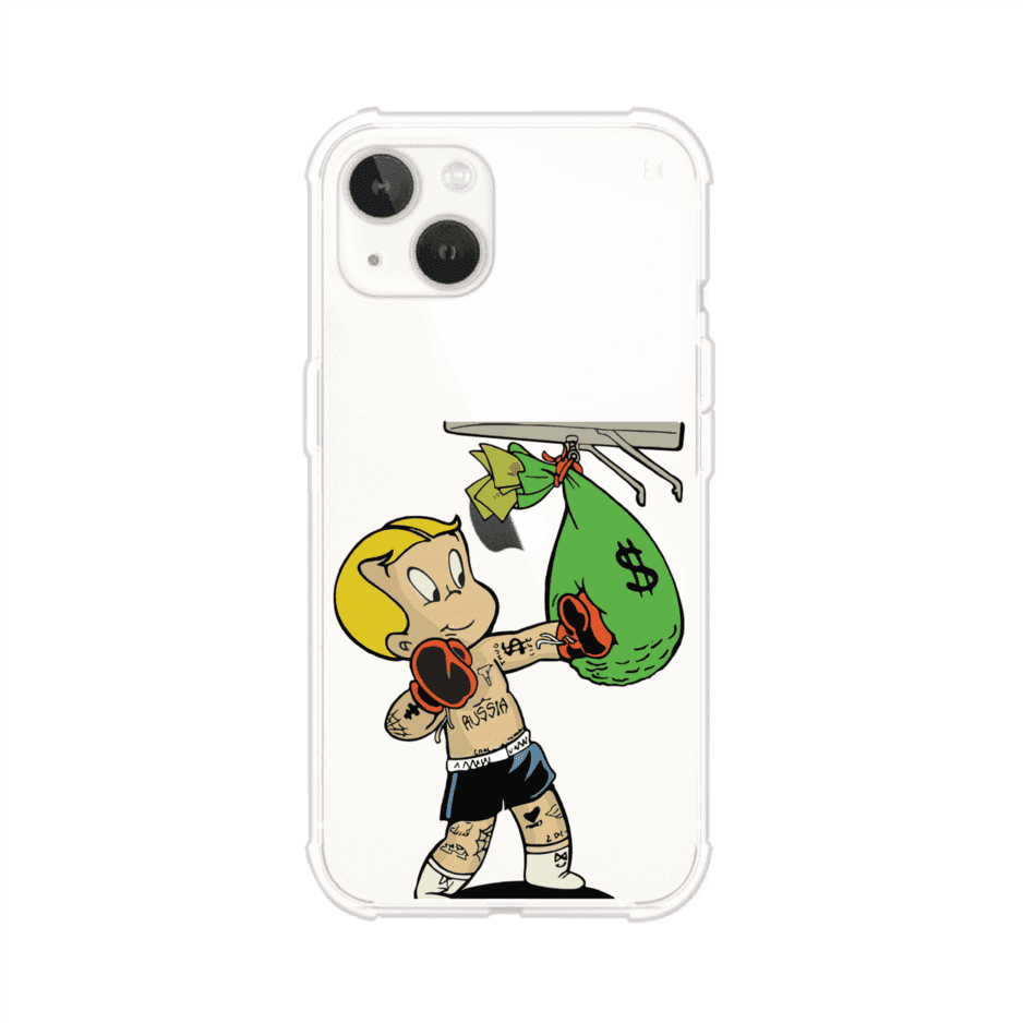 Funda para iPhone con dibujo de Richie Rich como boxeador sosteniendo una bolsa de dinero sobre fondo rojo – Remark Mx