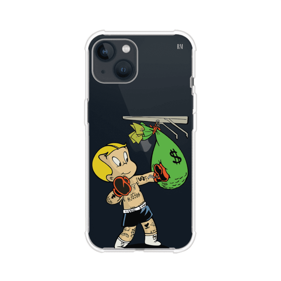 Funda para iPhone con dibujo de Richie Rich como boxeador sosteniendo una bolsa de dinero sobre fondo rojo – Remark Mx