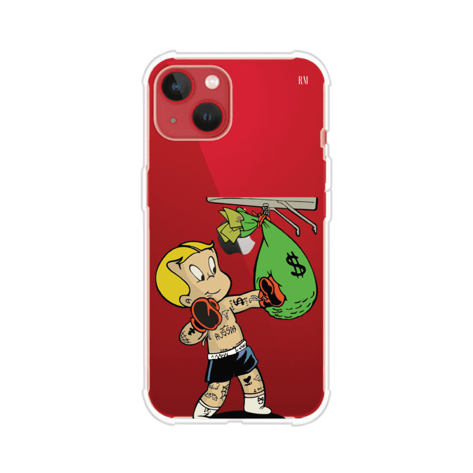 Funda para iPhone con dibujo de Richie Rich como boxeador sosteniendo una bolsa de dinero sobre fondo rojo – Remark Mx