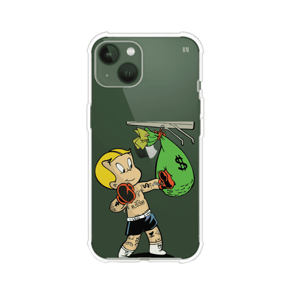 Funda para iPhone con dibujo de Richie Rich como boxeador sosteniendo una bolsa de dinero sobre fondo rojo – Remark Mx