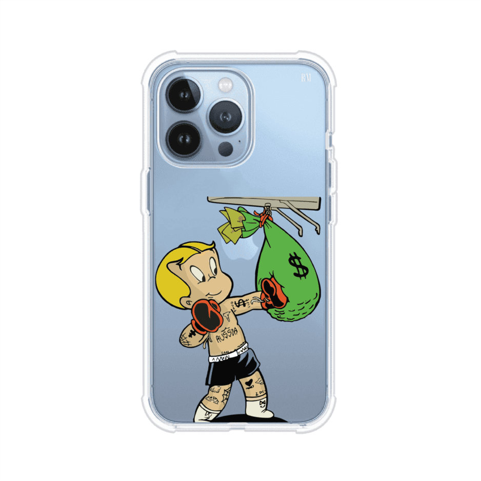 Funda para iPhone con dibujo de Richie Rich como boxeador sosteniendo una bolsa de dinero sobre fondo rojo – Remark Mx
