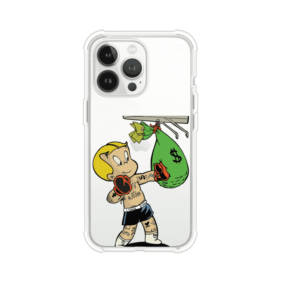 Funda para iPhone con dibujo de Richie Rich como boxeador sosteniendo una bolsa de dinero sobre fondo rojo – Remark Mx