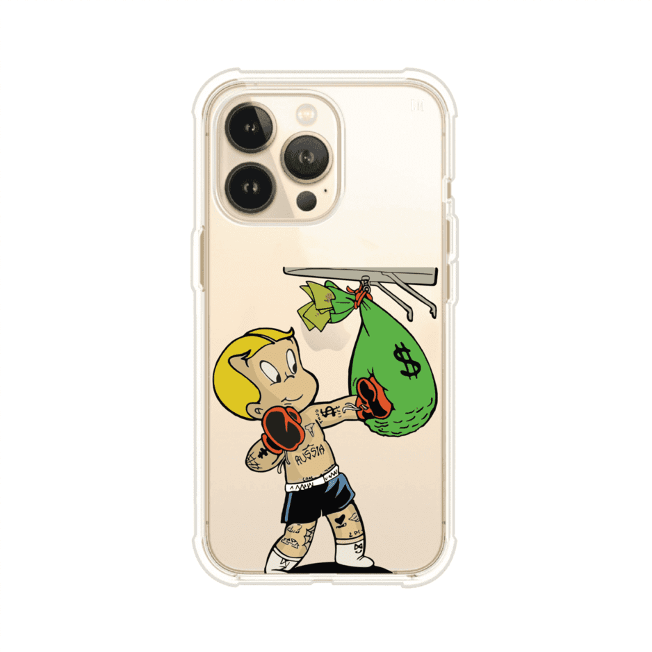 Funda para iPhone con dibujo de Richie Rich como boxeador sosteniendo una bolsa de dinero sobre fondo rojo – Remark Mx