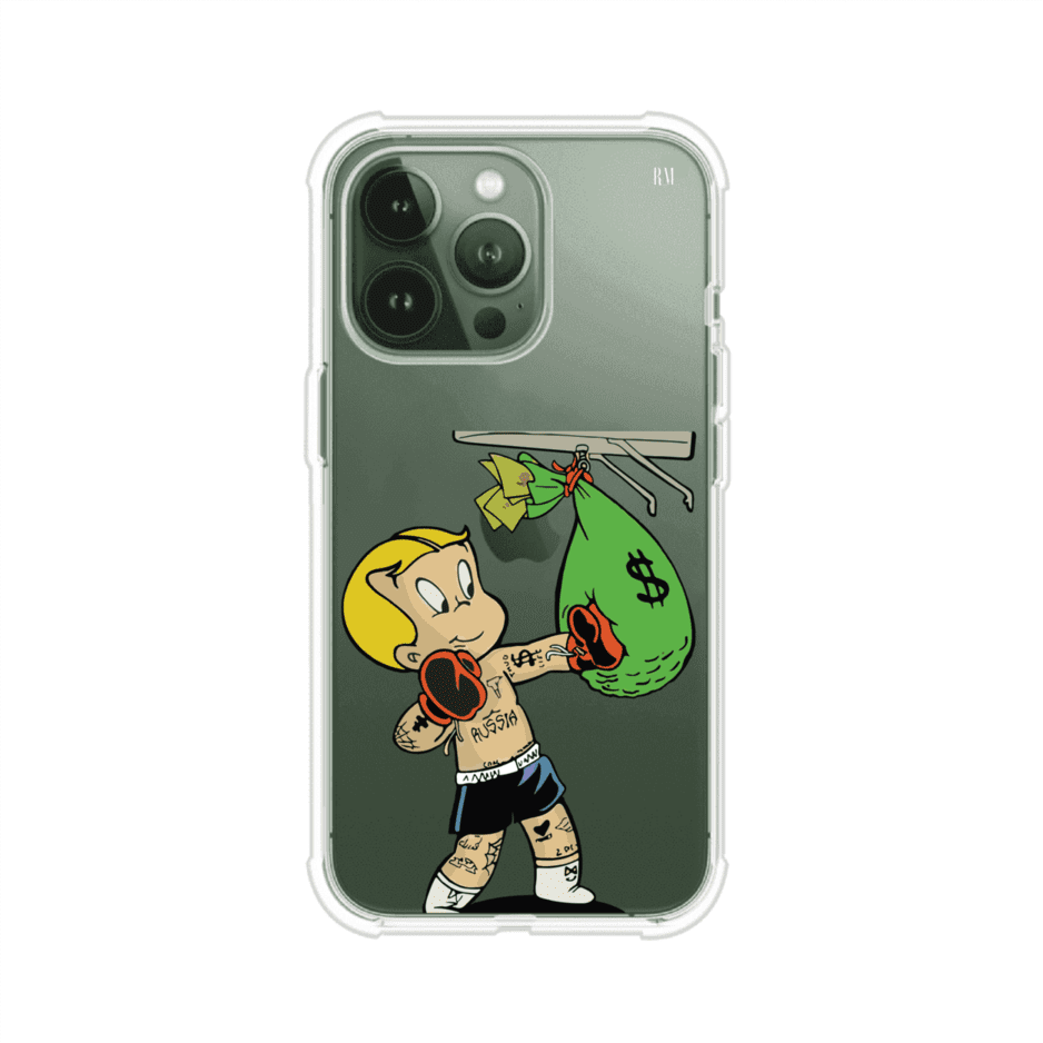 Funda para iPhone con dibujo de Richie Rich como boxeador sosteniendo una bolsa de dinero sobre fondo rojo – Remark Mx