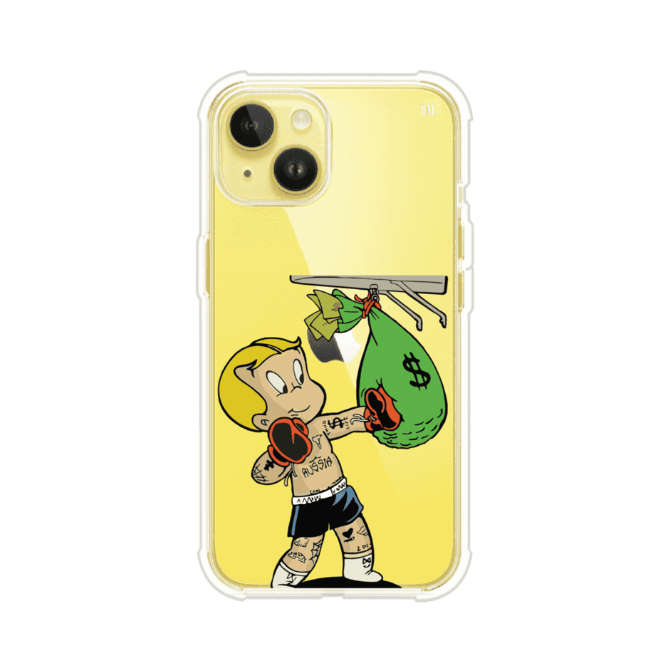 Funda para iPhone con dibujo de Richie Rich como boxeador sosteniendo una bolsa de dinero sobre fondo rojo – Remark Mx
