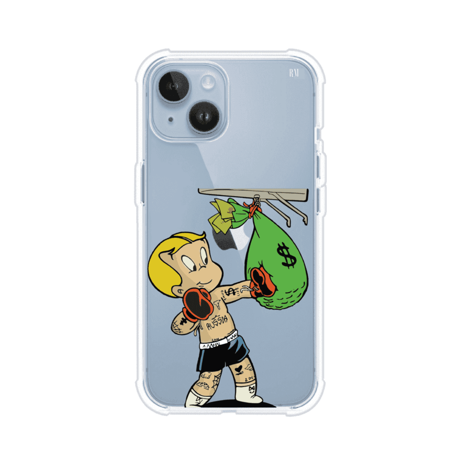 Funda para iPhone con dibujo de Richie Rich como boxeador sosteniendo una bolsa de dinero sobre fondo rojo – Remark Mx