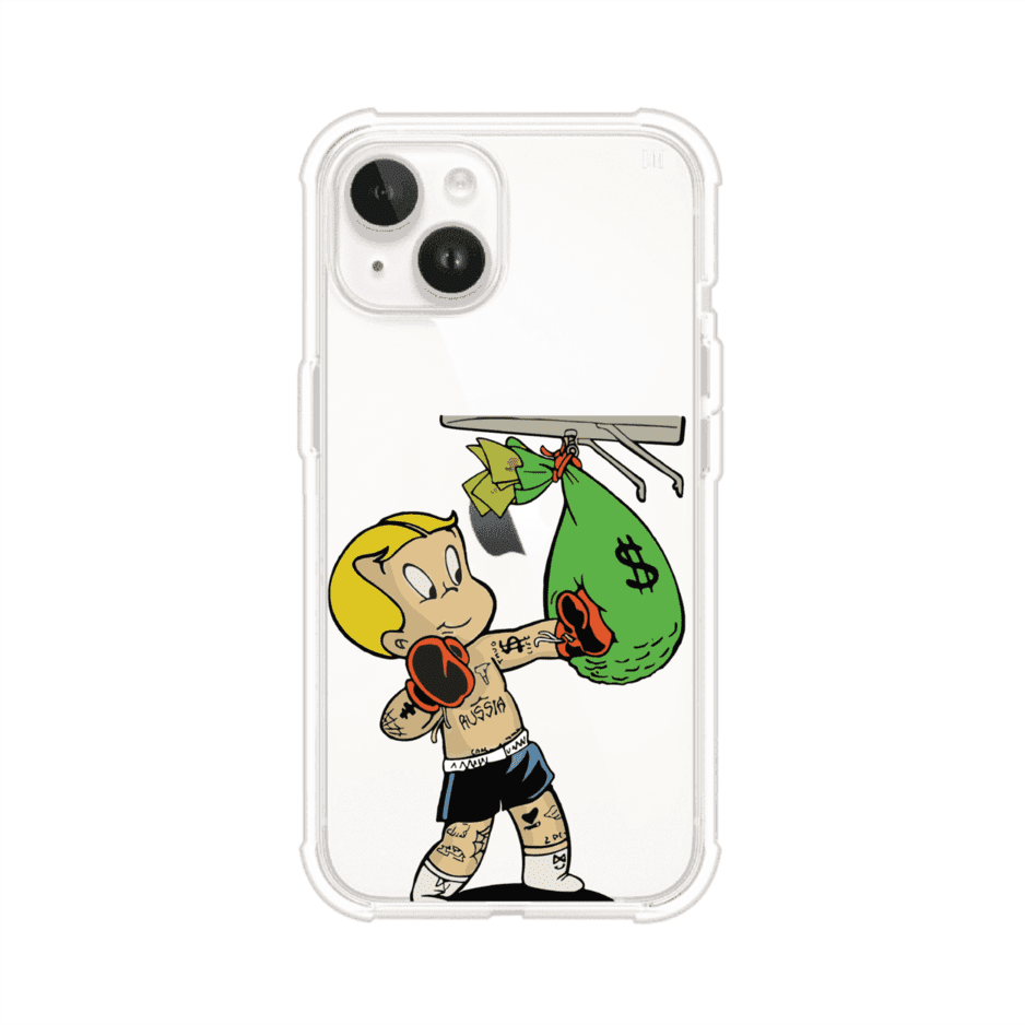 Funda para iPhone con dibujo de Richie Rich como boxeador sosteniendo una bolsa de dinero sobre fondo rojo – Remark Mx