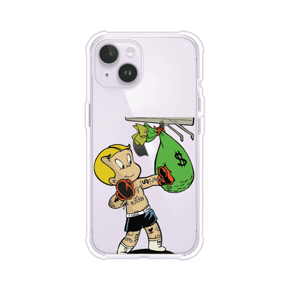 Funda para iPhone con dibujo de Richie Rich como boxeador sosteniendo una bolsa de dinero sobre fondo rojo – Remark Mx