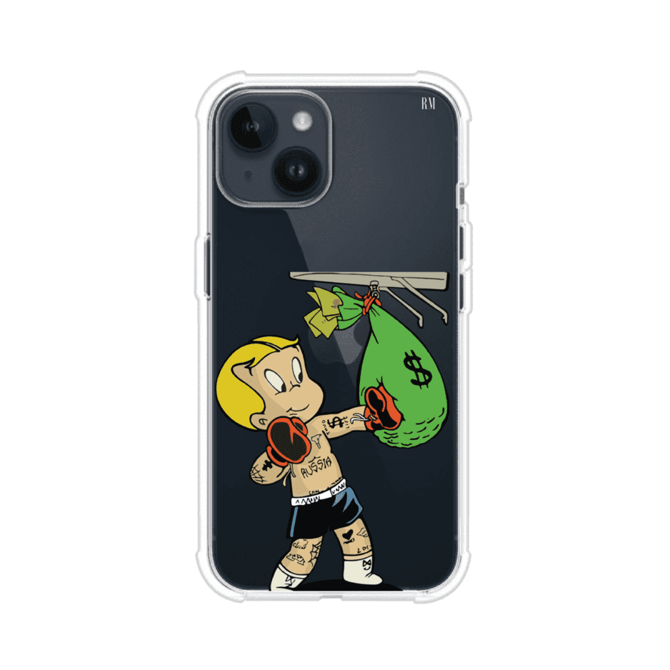 Funda para iPhone con dibujo de Richie Rich como boxeador sosteniendo una bolsa de dinero sobre fondo rojo – Remark Mx