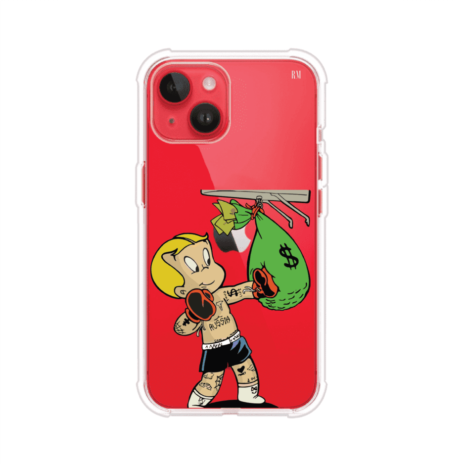 Funda para iPhone con dibujo de Richie Rich como boxeador sosteniendo una bolsa de dinero sobre fondo rojo – Remark Mx