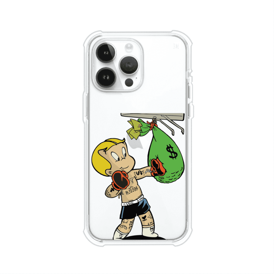 Funda para iPhone con dibujo de Richie Rich como boxeador sosteniendo una bolsa de dinero sobre fondo rojo – Remark Mx