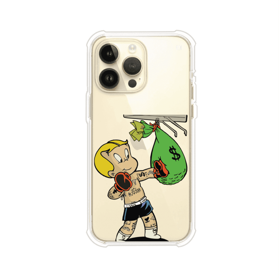 Funda para iPhone con dibujo de Richie Rich como boxeador sosteniendo una bolsa de dinero sobre fondo rojo – Remark Mx