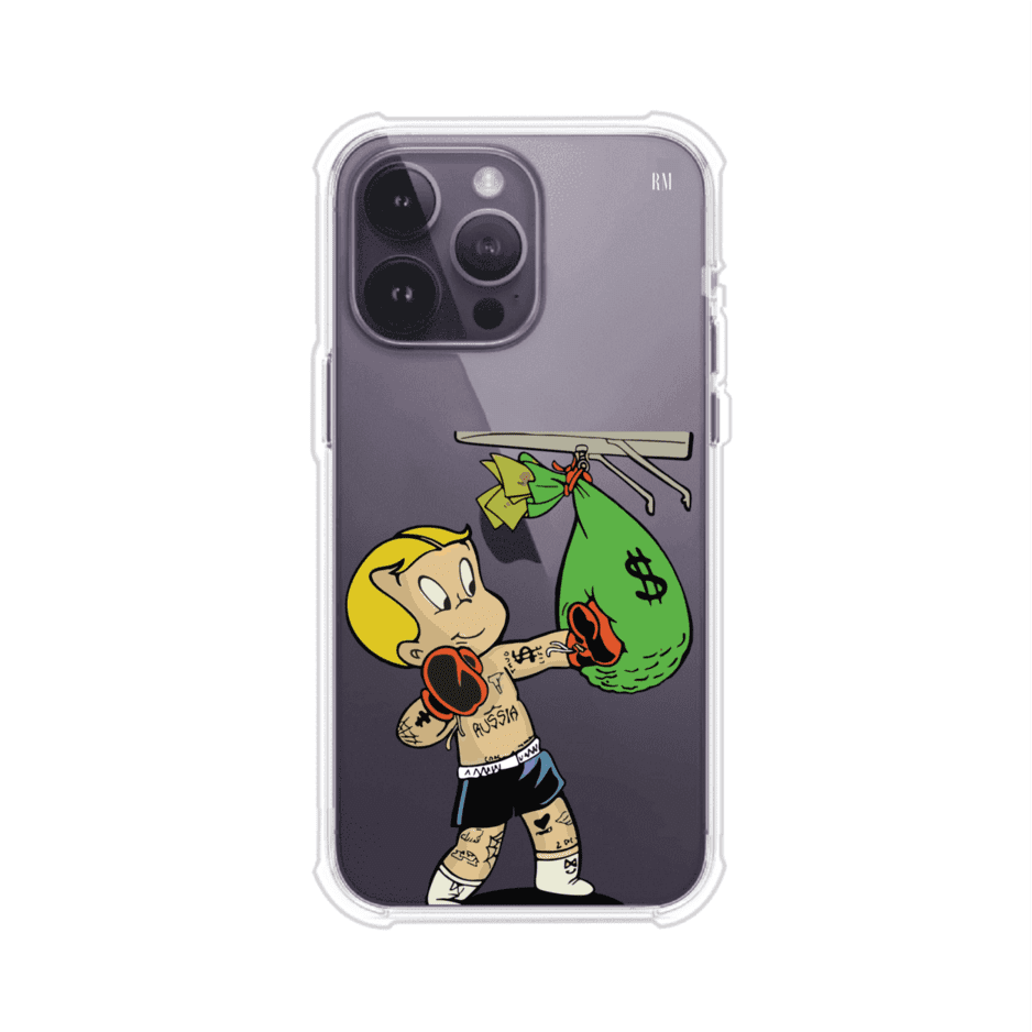 Funda para iPhone con dibujo de Richie Rich como boxeador sosteniendo una bolsa de dinero sobre fondo rojo – Remark Mx