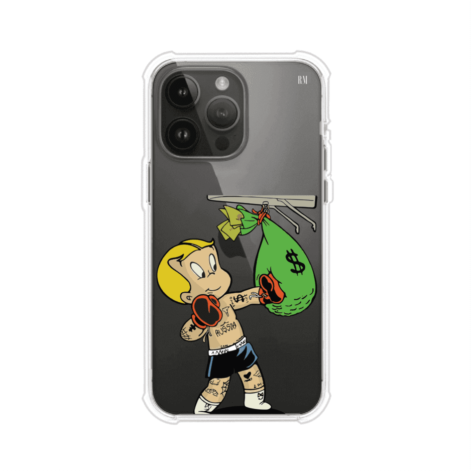 Funda para iPhone con dibujo de Richie Rich como boxeador sosteniendo una bolsa de dinero sobre fondo rojo – Remark Mx