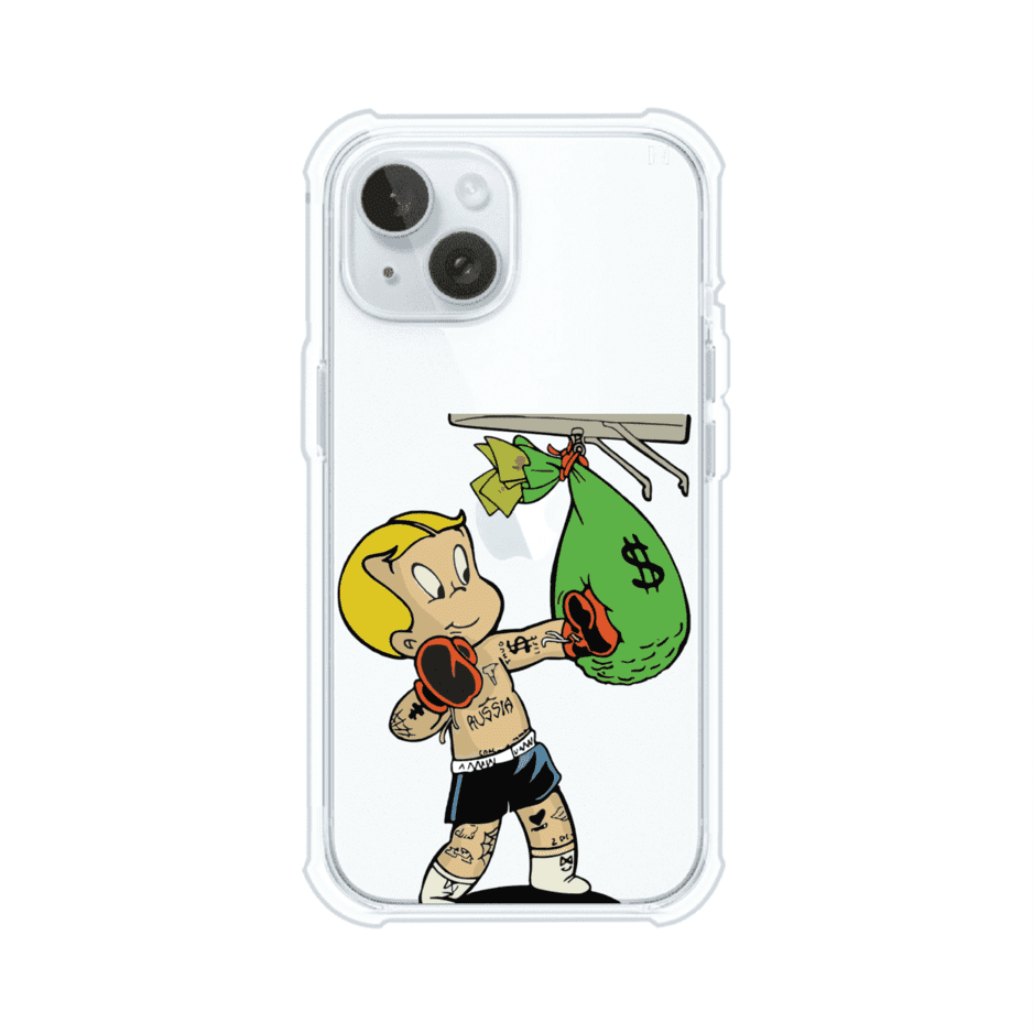 Funda para iPhone con dibujo de Richie Rich como boxeador sosteniendo una bolsa de dinero sobre fondo rojo – Remark Mx