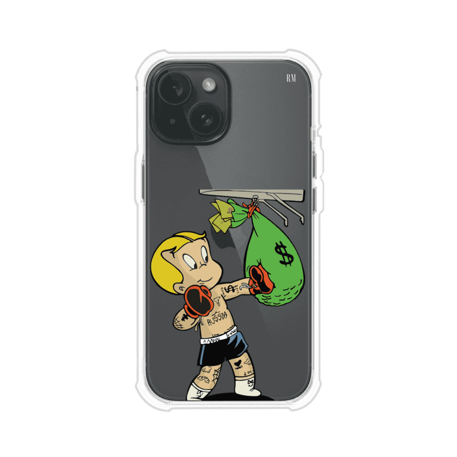 Funda para iPhone con dibujo de Richie Rich como boxeador sosteniendo una bolsa de dinero sobre fondo rojo – Remark Mx