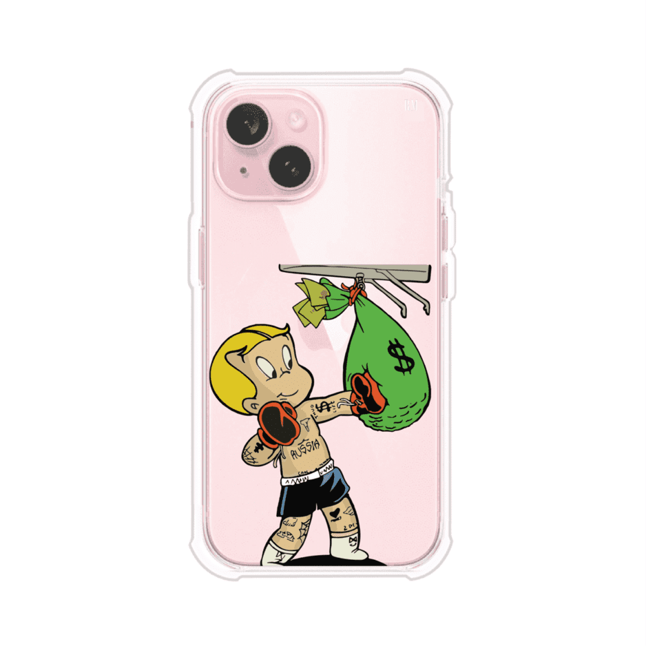 Funda para iPhone con dibujo de Richie Rich como boxeador sosteniendo una bolsa de dinero sobre fondo rojo – Remark Mx