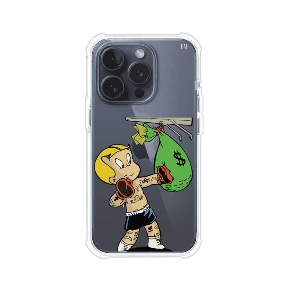 Funda para iPhone con dibujo de Richie Rich como boxeador sosteniendo una bolsa de dinero sobre fondo rojo – Remark Mx
