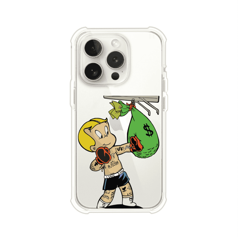 Funda para iPhone con dibujo de Richie Rich como boxeador sosteniendo una bolsa de dinero sobre fondo rojo – Remark Mx