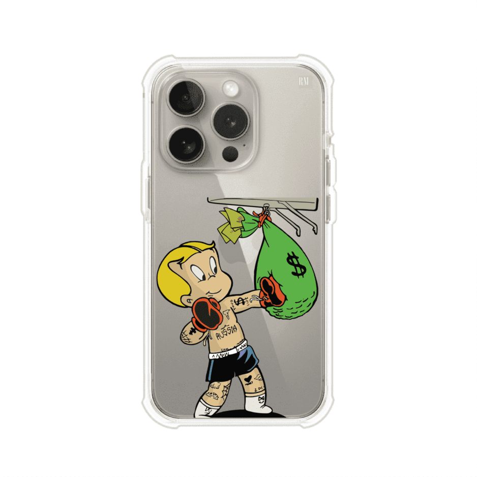 Funda para iPhone con dibujo de Richie Rich como boxeador sosteniendo una bolsa de dinero sobre fondo rojo – Remark Mx