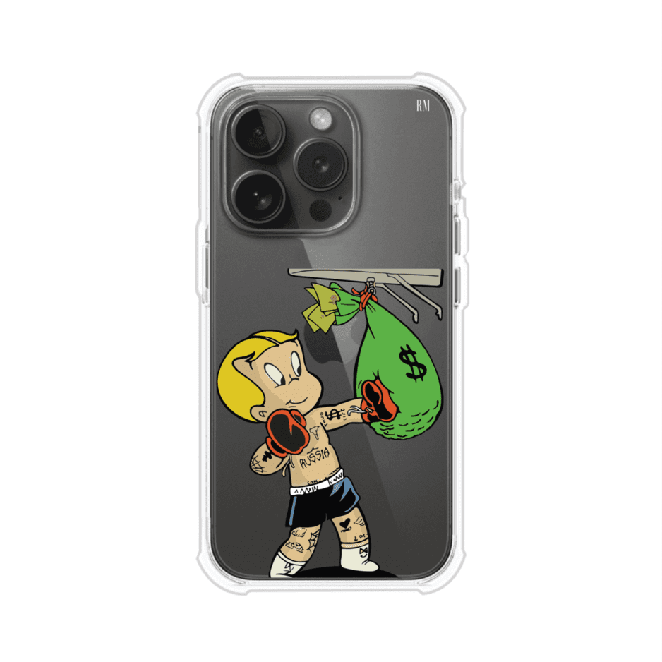 Funda para iPhone con dibujo de Richie Rich como boxeador sosteniendo una bolsa de dinero sobre fondo rojo – Remark Mx