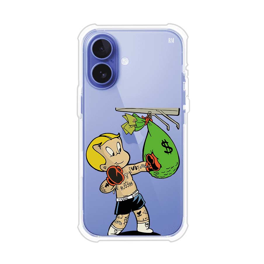 Funda para iPhone con dibujo de Richie Rich como boxeador sosteniendo una bolsa de dinero sobre fondo rojo – Remark Mx