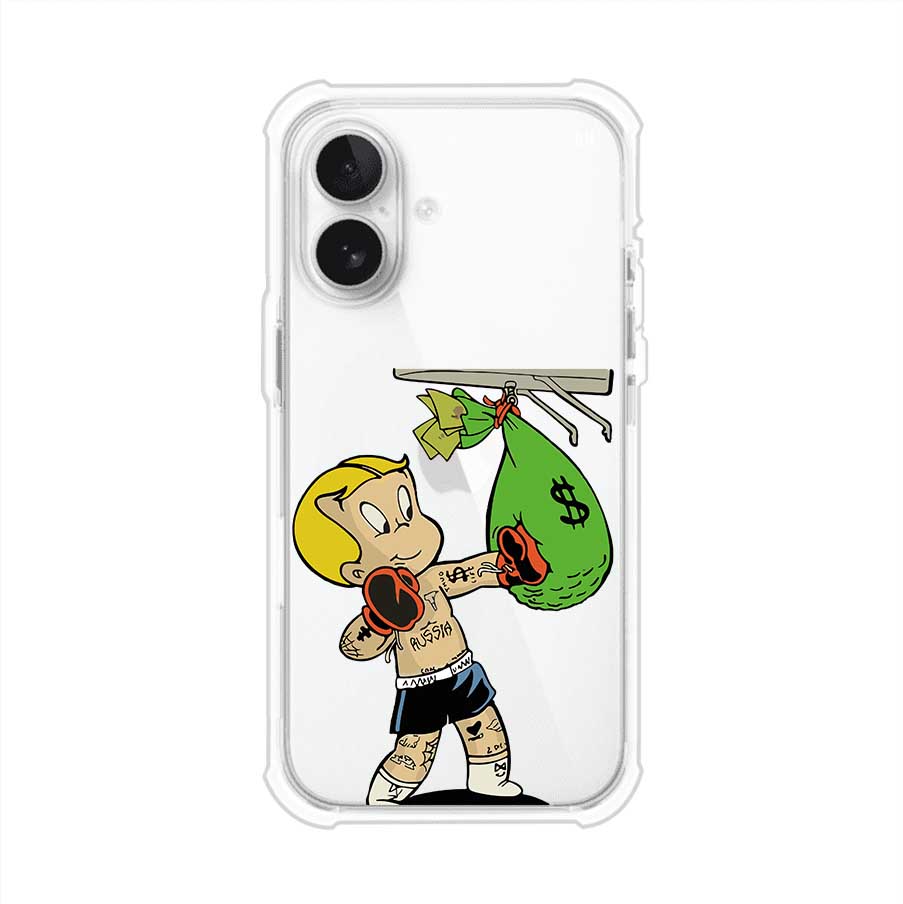 Funda para iPhone con dibujo de Richie Rich como boxeador sosteniendo una bolsa de dinero sobre fondo rojo – Remark Mx