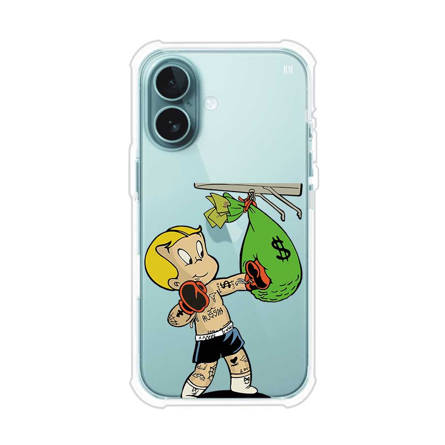 Funda para iPhone con dibujo de Richie Rich como boxeador sosteniendo una bolsa de dinero sobre fondo rojo – Remark Mx