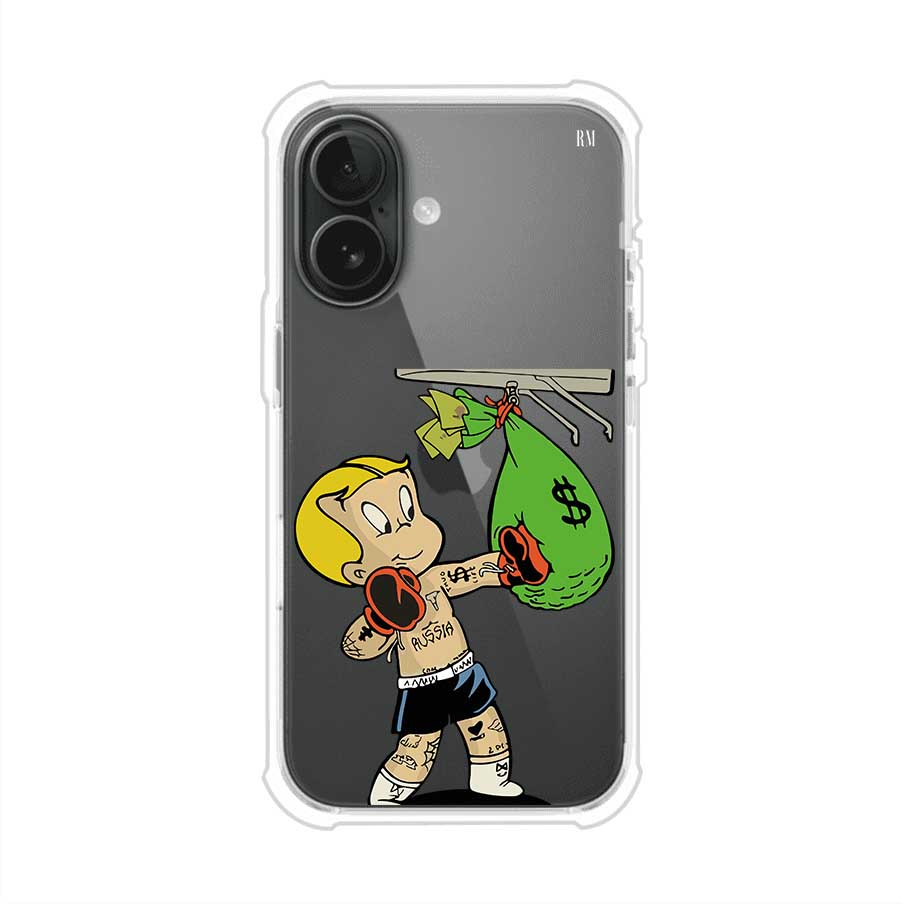 Funda para iPhone con dibujo de Richie Rich como boxeador sosteniendo una bolsa de dinero sobre fondo rojo – Remark Mx