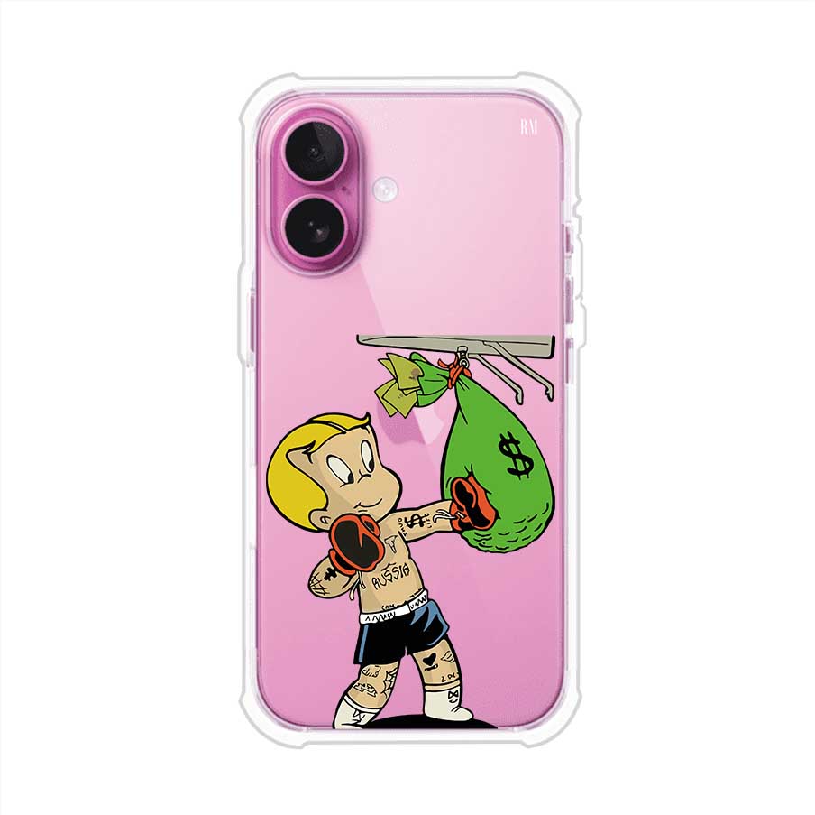 Funda para iPhone con dibujo de Richie Rich como boxeador sosteniendo una bolsa de dinero sobre fondo rojo – Remark Mx