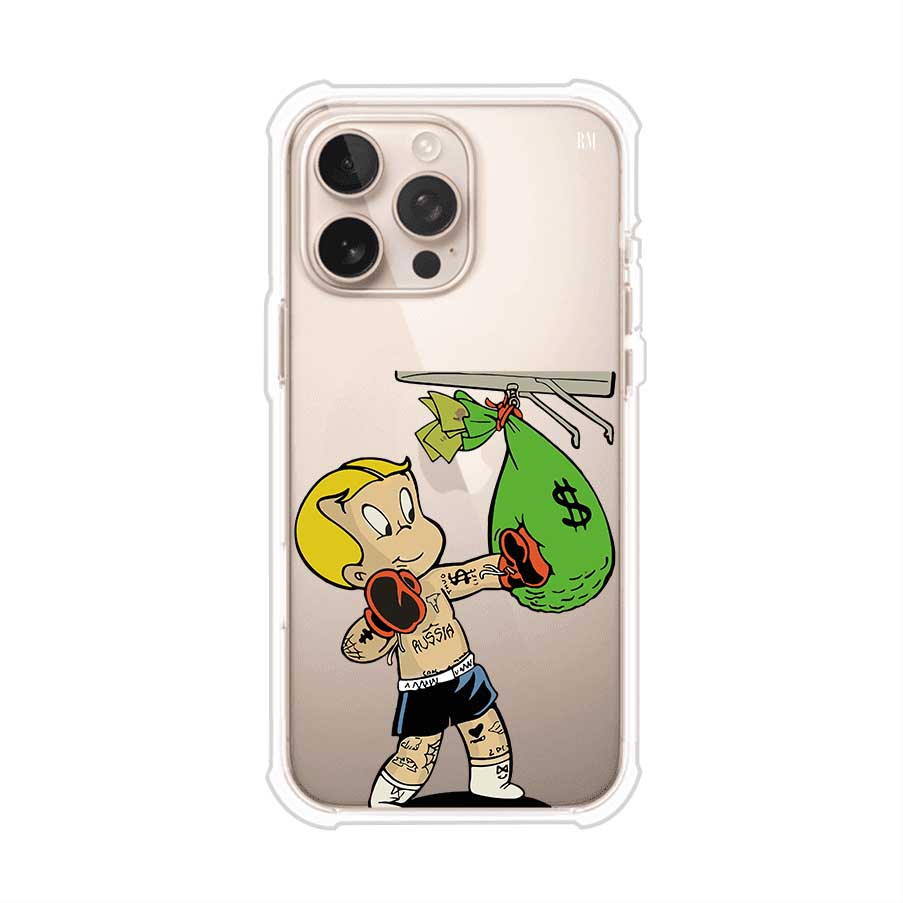 Funda para iPhone con dibujo de Richie Rich como boxeador sosteniendo una bolsa de dinero sobre fondo rojo – Remark Mx