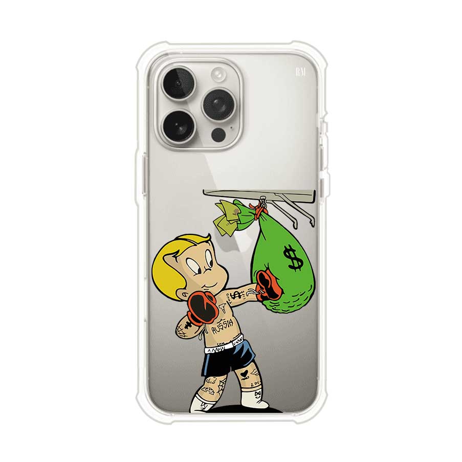 Funda para iPhone con dibujo de Richie Rich como boxeador sosteniendo una bolsa de dinero sobre fondo rojo – Remark Mx