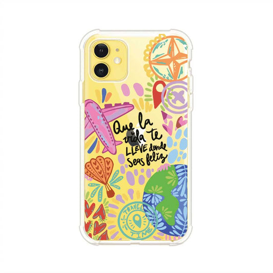 Funda para iPhone con diseño colorido de viaje, frases motivacionales y elementos como aviones, planeta y brújula – Remark Mx