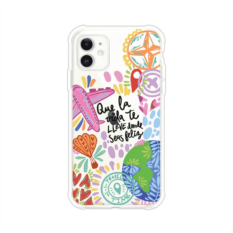 Funda para iPhone con diseño colorido de viaje, frases motivacionales y elementos como aviones, planeta y brújula – Remark Mx