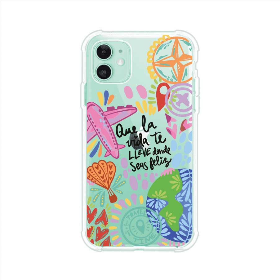 Funda para iPhone con diseño colorido de viaje, frases motivacionales y elementos como aviones, planeta y brújula – Remark Mx