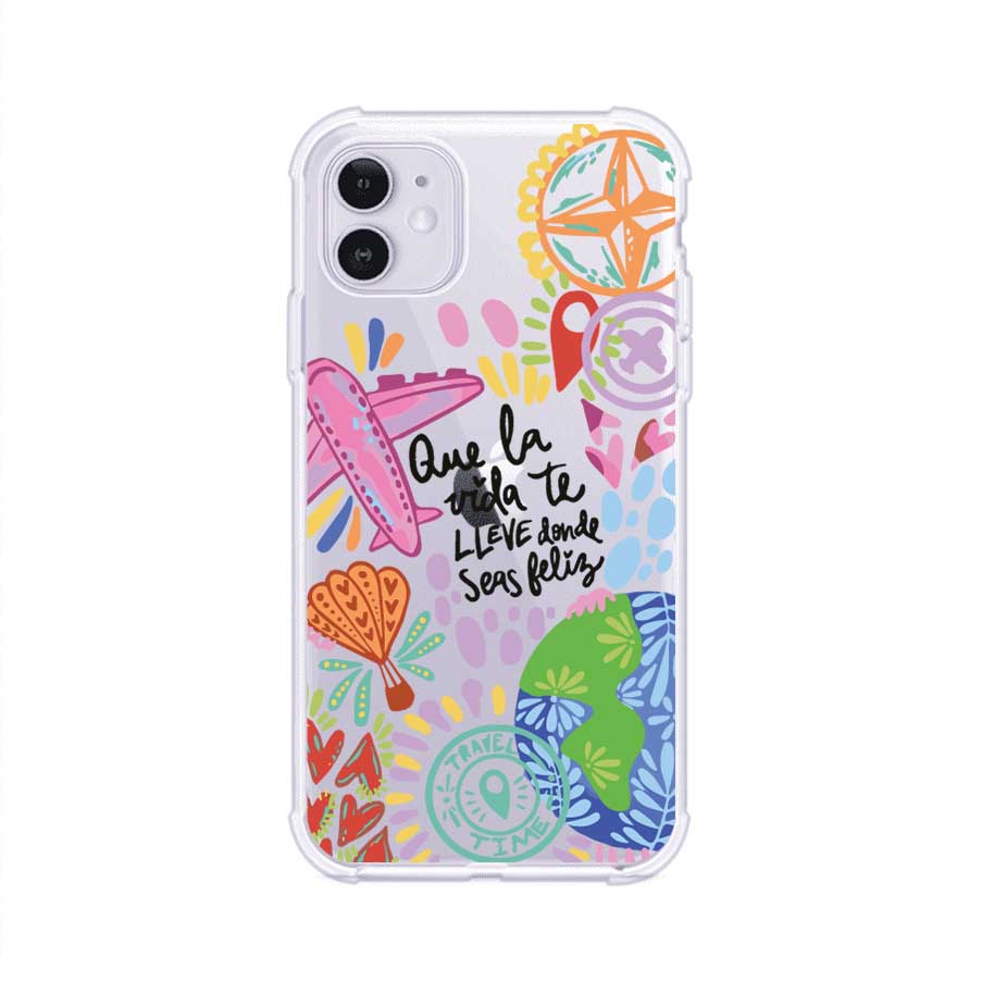 Funda para iPhone con diseño colorido de viaje, frases motivacionales y elementos como aviones, planeta y brújula – Remark Mx