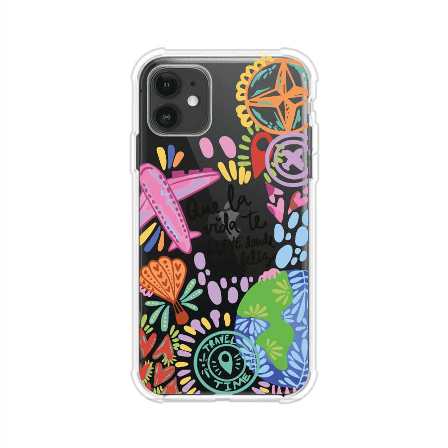 Funda para iPhone con diseño colorido de viaje, frases motivacionales y elementos como aviones, planeta y brújula – Remark Mx