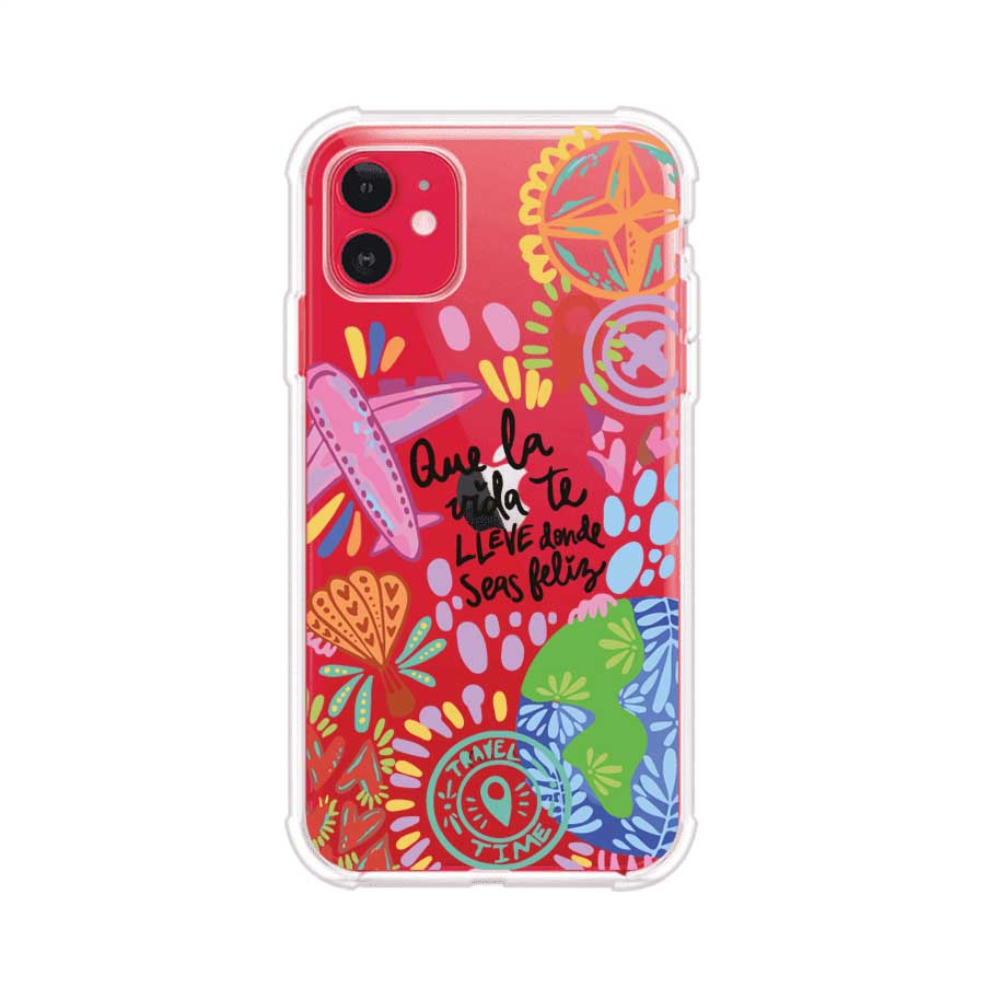 Funda para iPhone con diseño colorido de viaje, frases motivacionales y elementos como aviones, planeta y brújula – Remark Mx
