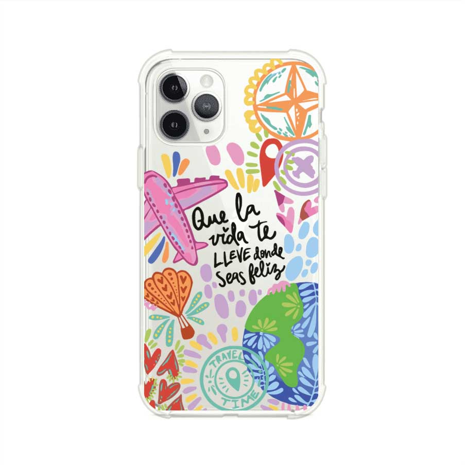 Funda para iPhone con diseño colorido de viaje, frases motivacionales y elementos como aviones, planeta y brújula – Remark Mx