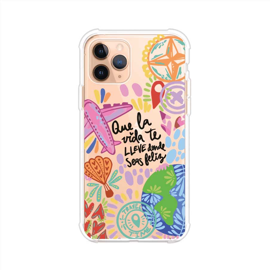 Funda para iPhone con diseño colorido de viaje, frases motivacionales y elementos como aviones, planeta y brújula – Remark Mx