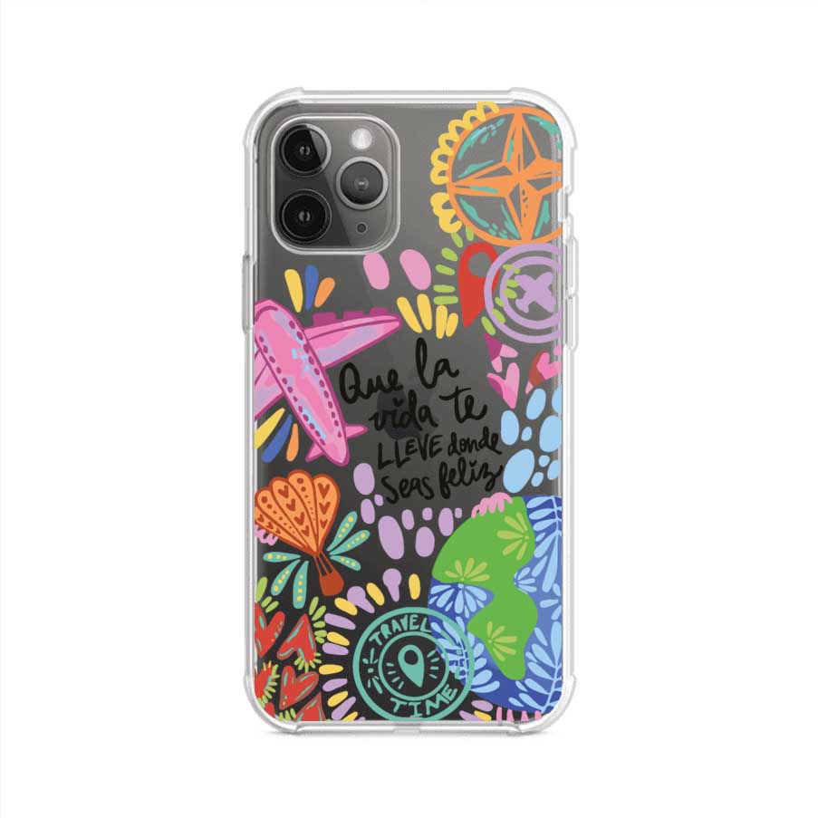 Funda para iPhone con diseño colorido de viaje, frases motivacionales y elementos como aviones, planeta y brújula – Remark Mx
