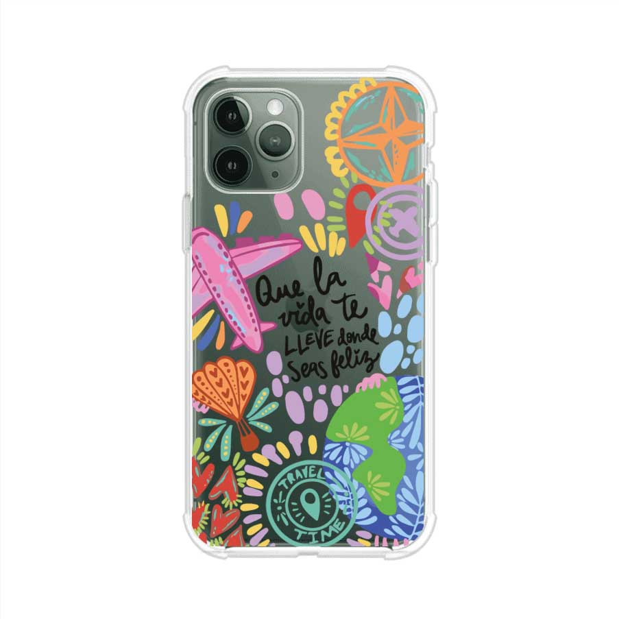 Funda para iPhone con diseño colorido de viaje, frases motivacionales y elementos como aviones, planeta y brújula – Remark Mx
