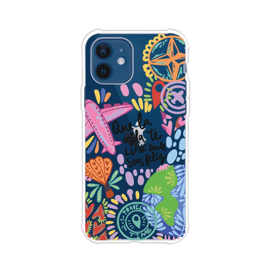 Funda para iPhone con diseño colorido de viaje, frases motivacionales y elementos como aviones, planeta y brújula – Remark Mx