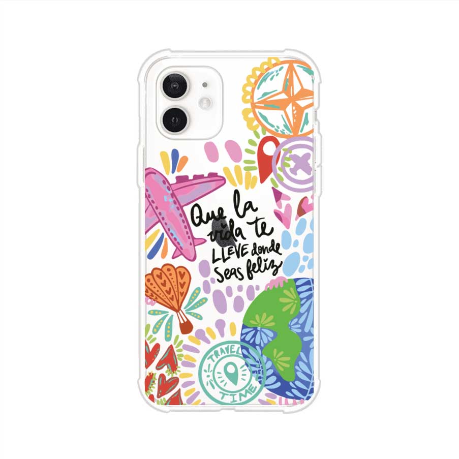 Funda para iPhone con diseño colorido de viaje, frases motivacionales y elementos como aviones, planeta y brújula – Remark Mx