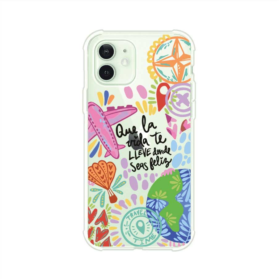 Funda para iPhone con diseño colorido de viaje, frases motivacionales y elementos como aviones, planeta y brújula – Remark Mx