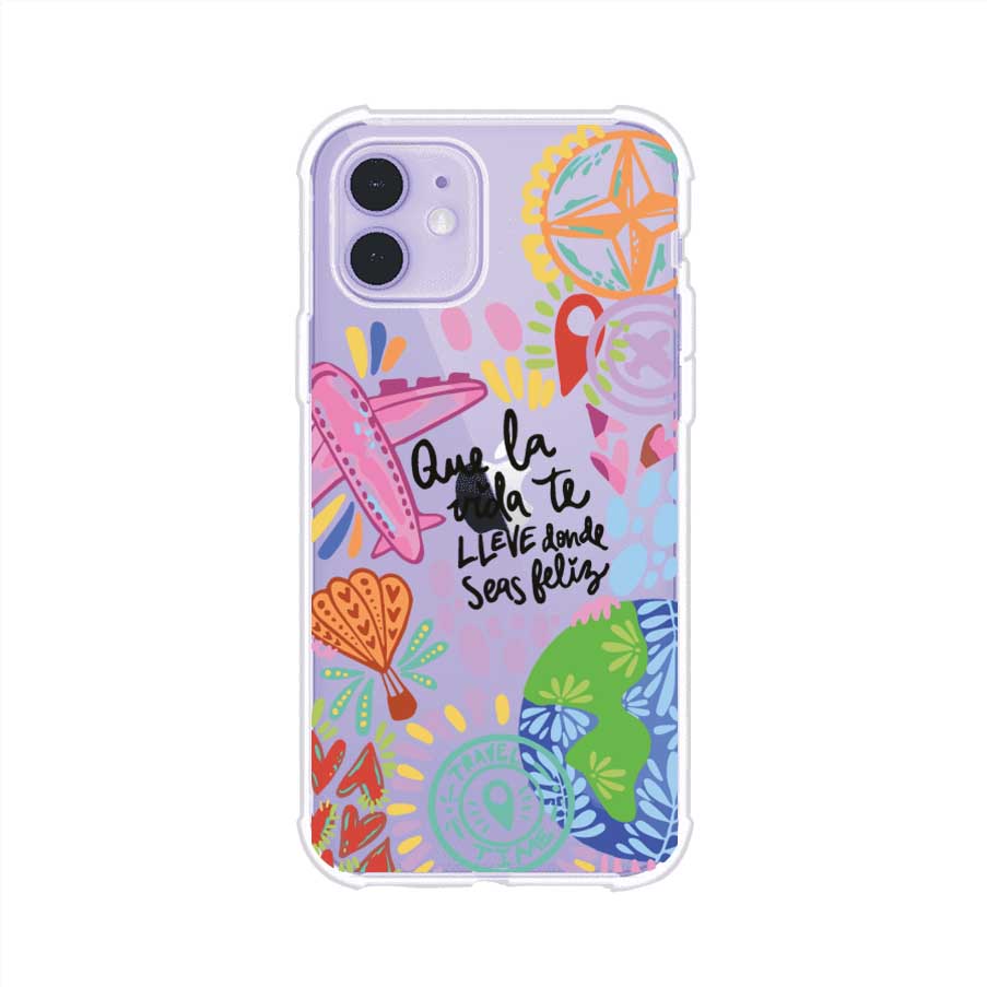 Funda para iPhone con diseño colorido de viaje, frases motivacionales y elementos como aviones, planeta y brújula – Remark Mx
