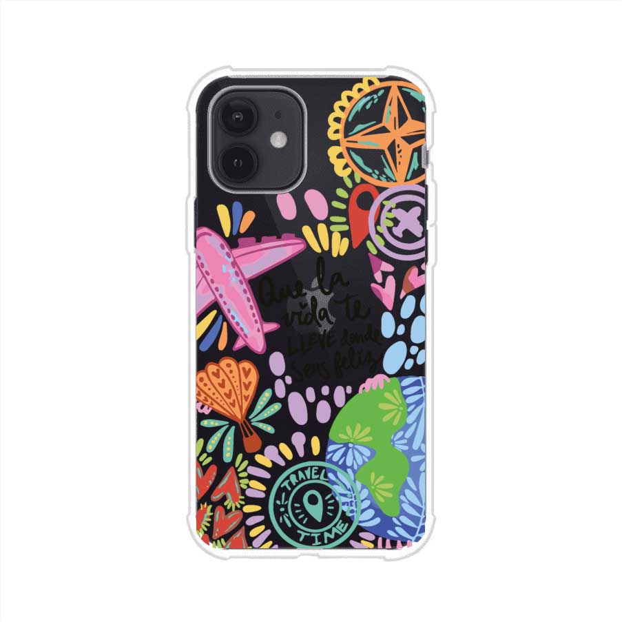 Funda para iPhone con diseño colorido de viaje, frases motivacionales y elementos como aviones, planeta y brújula – Remark Mx