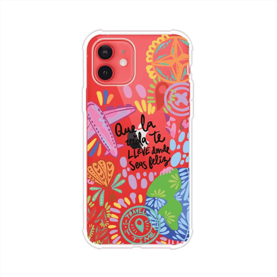 Funda para iPhone con diseño colorido de viaje, frases motivacionales y elementos como aviones, planeta y brújula – Remark Mx