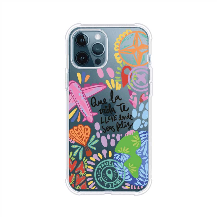 Funda para iPhone con diseño colorido de viaje, frases motivacionales y elementos como aviones, planeta y brújula – Remark Mx